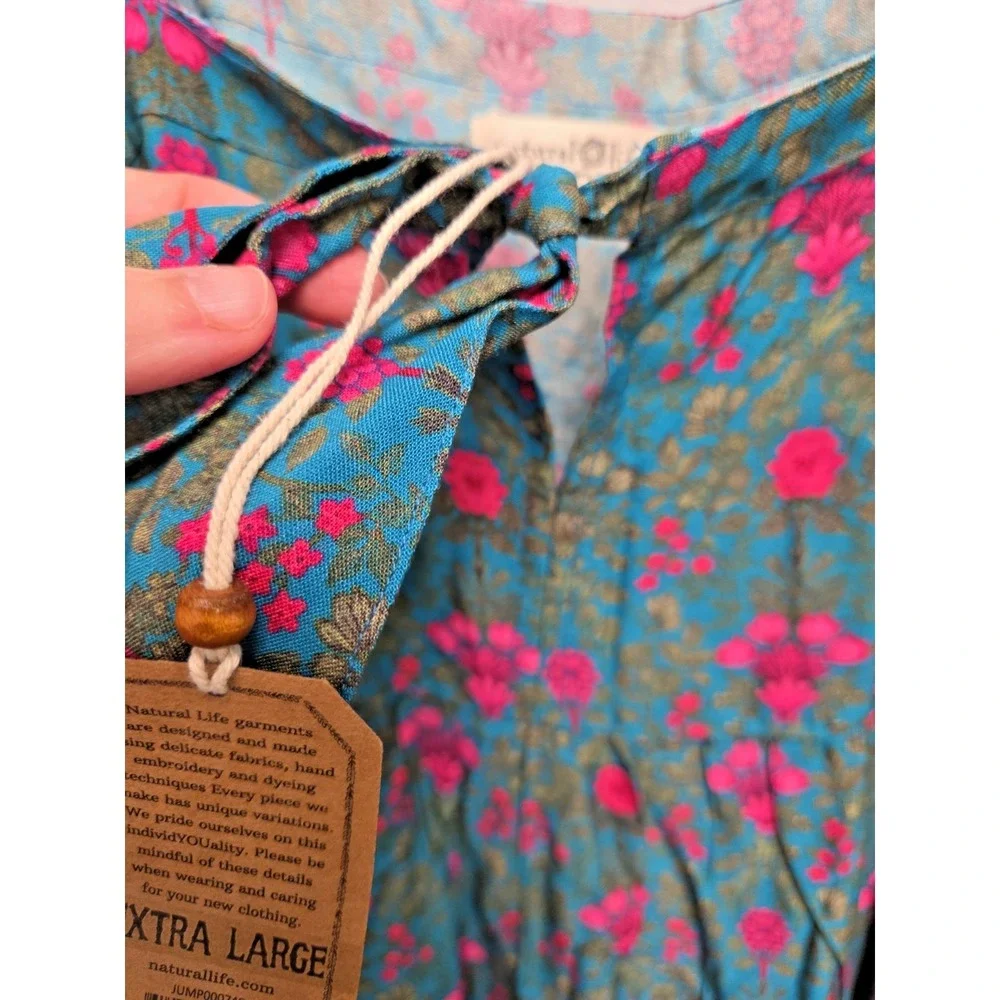 NWT‎ NATURAL LIFE Jumpsuit XL Wide Leg Floral Teal Boho Tie Front Adjust Straps